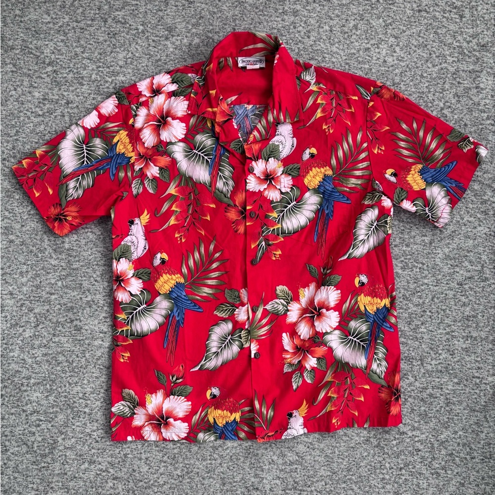 Vintage Paradise Apparel Red Hawaiian Aloha Floral Parrot Shirt